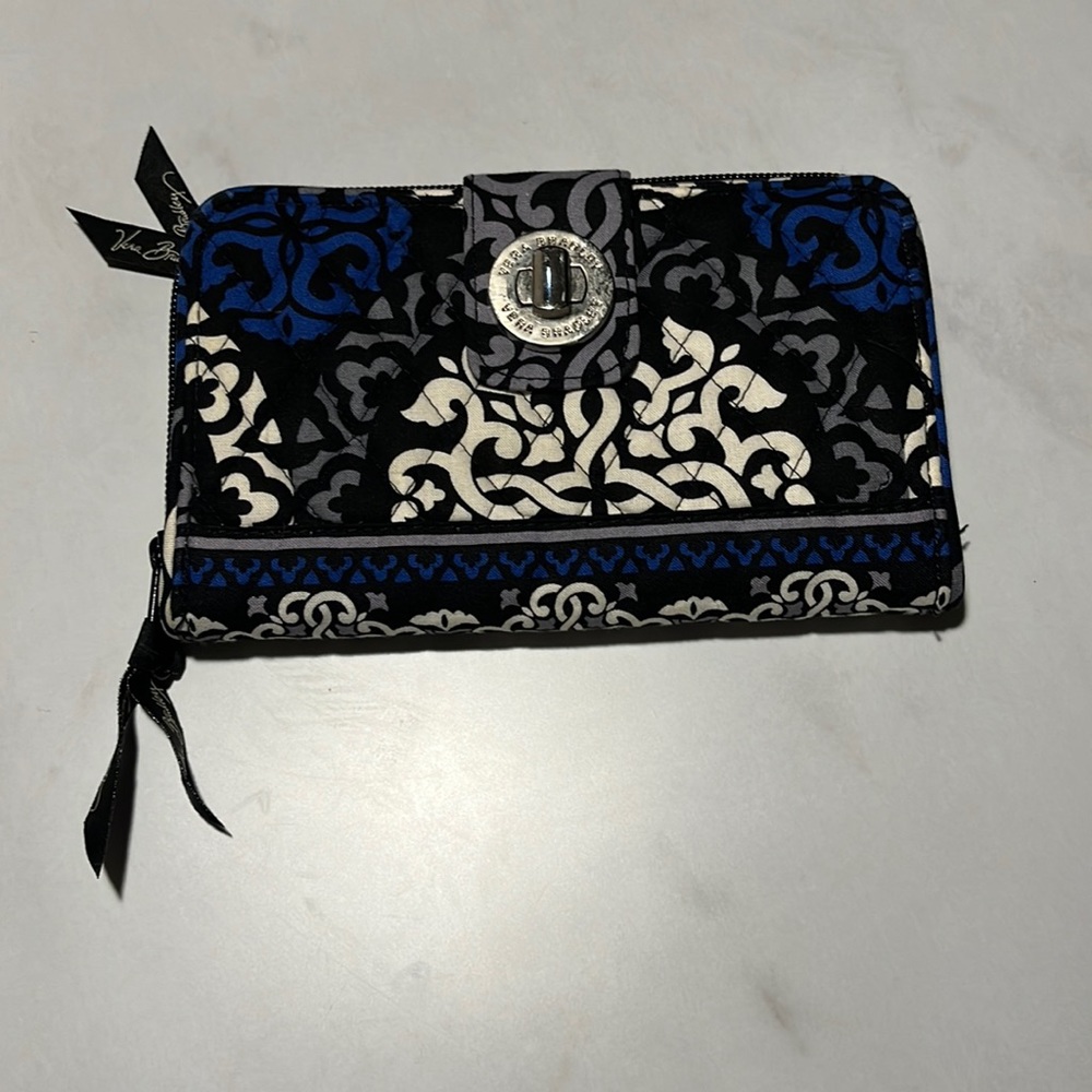 Vera Bradley turn lock wallet, blue/grey/white